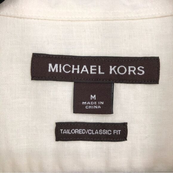 Michael Kors Shirt Mens Medium Classic Fit Linen White Long Sleeve Roll Tab - Picture 3 of 12